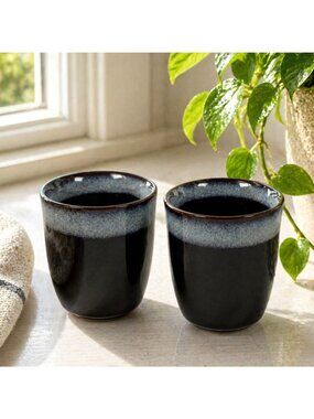 Set Of 2 Handcrafted Ceramic Cups With Blue & Black Glaze 3.5" Tall Vintage Styl